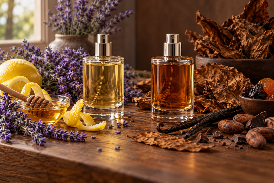 Conceptual fragrance comparison with lavender, lemon and honey on the left and tobacco, vanilla and cocoa on the right; illustrated bottles are not actual product packaging.