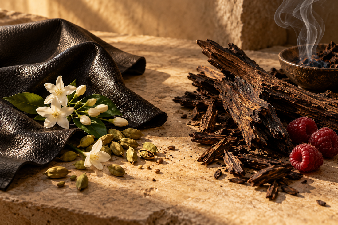 Illustrative leather, jasmine and cardamom beside dark wood, raspberries and incense smoke