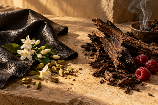 Illustrative leather, jasmine and cardamom beside dark wood, raspberries and incense smoke