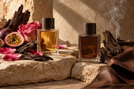 Illustrative unbranded bottles contrasting passionfruit and rose with incense, dark wood and leather