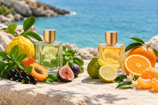 Illustrative comparison of green citrus, mint, blackcurrant and fig with bright orange, bergamot and mandarin perfume styles
