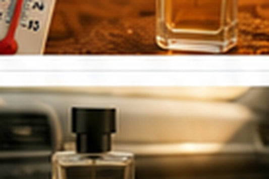 Perfume bottle inside a car illustrating the effect of Indian heat on fragrance
