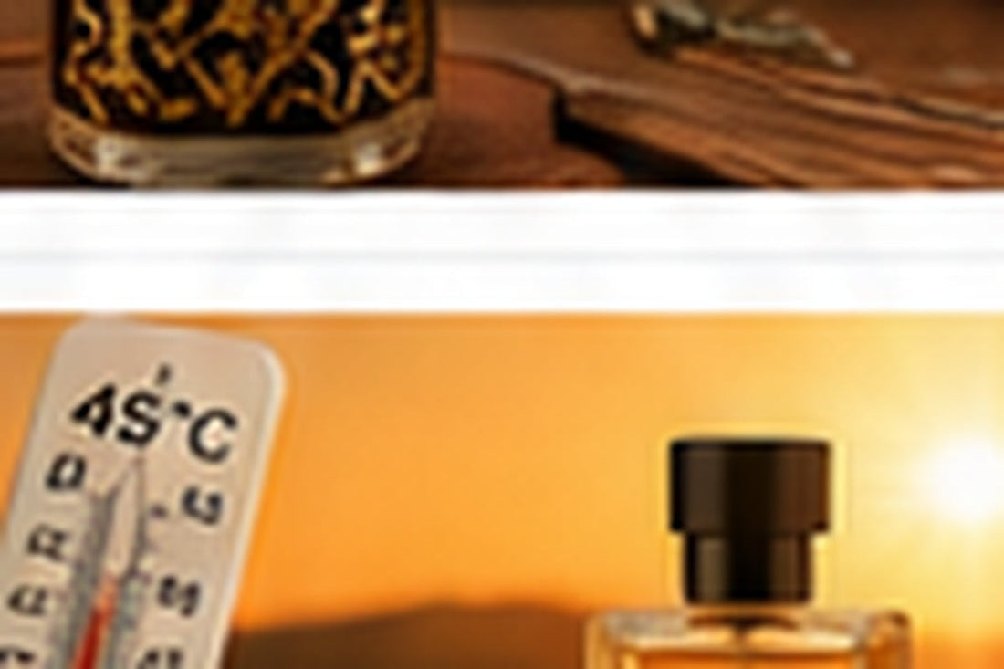 Perfume bottle beside thermometer in hot weather illustrating fragrance storage in Indian heat