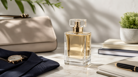 Perfume bottle and fragrance styling for a guide to layering perfumes