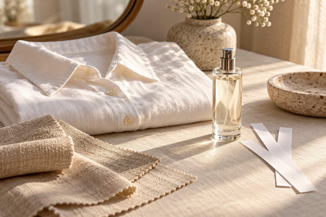 Illustrative fragrance atomiser beside a cotton shirt, linen swatches and blotter strips