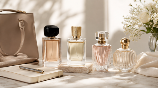 Different perfume bottles illustrating how fragrance can smell different depending on skin chemistry