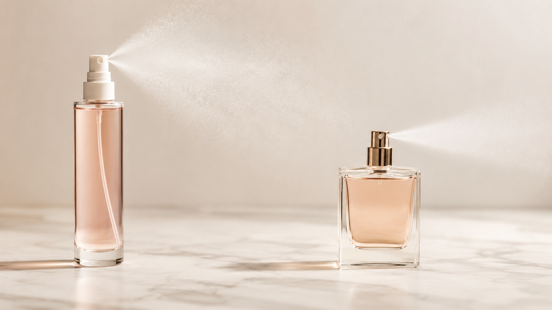 Body mist and perfume bottles compared by broad and focused spray plumes