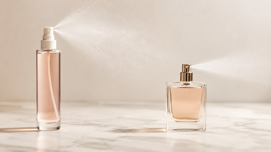 Body mist and perfume bottles compared by broad and focused spray plumes