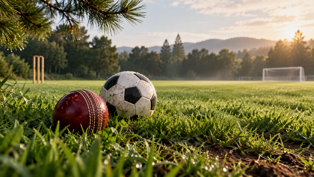 Conceptual cricket and football ground with natural grass, leather cricket ball and pine branches