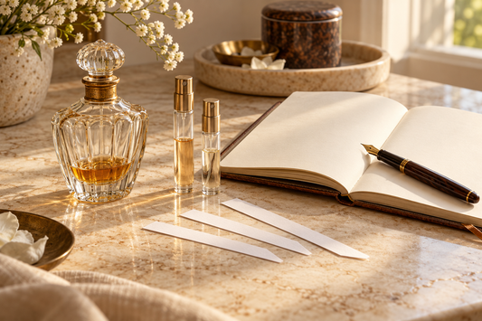 Illustrative nearly empty unbranded perfume bottle beside sample atomizers, scent strips and a notebook for a replacement-perfume search