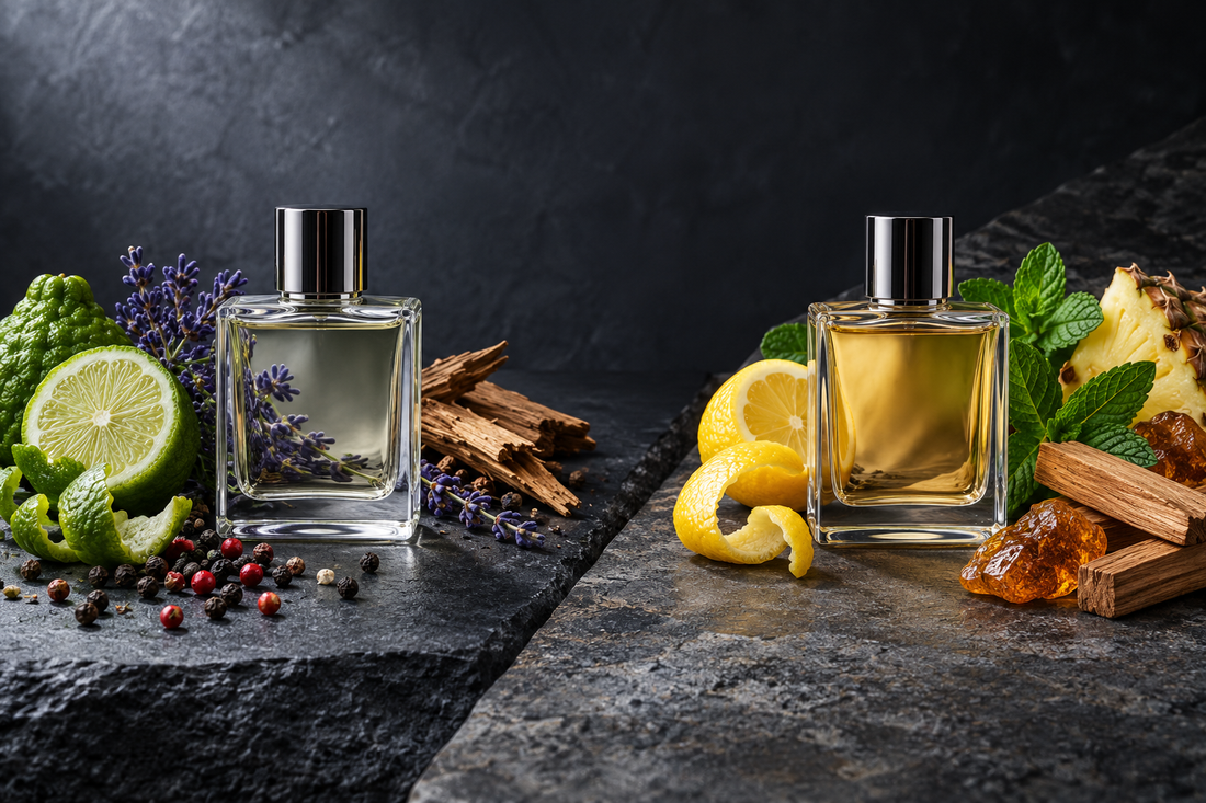 Illustrative comparison of peppery bergamot and lavender with citrus, mint, woods and amber fragrance styles