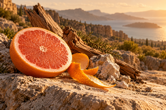 Grapefruit, citrus peel, dry wood and stone in an illustrative mineral fragrance scene