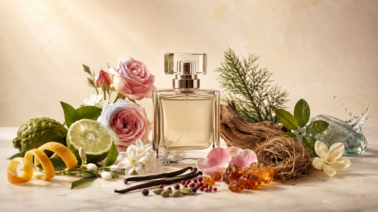 Types of perfume scents represented by citrus, flowers, woods, spices, amber and vanilla
