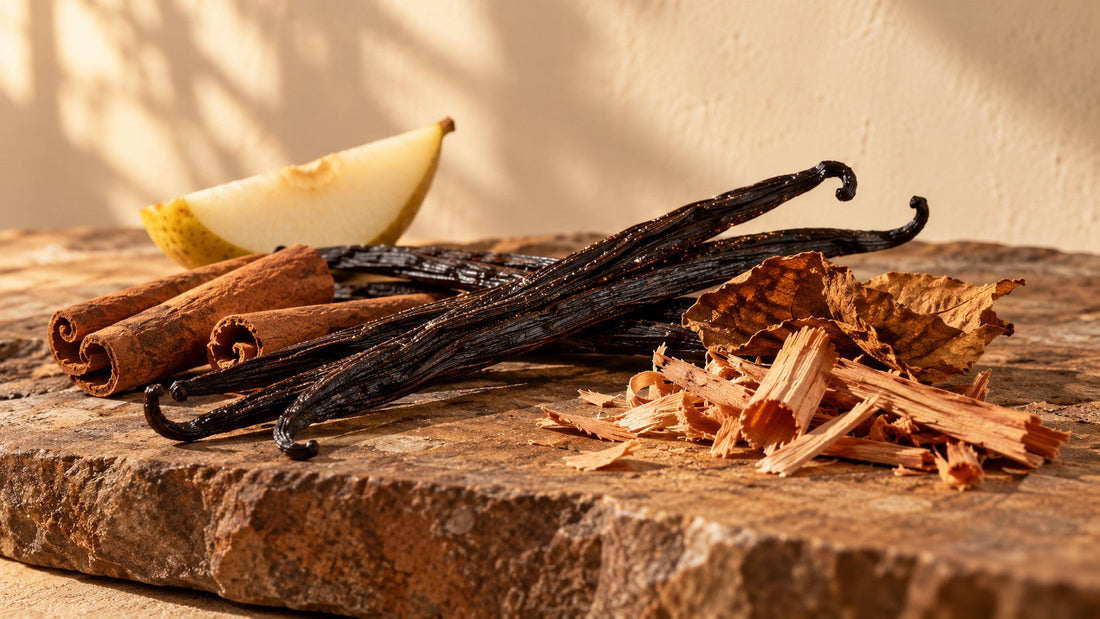 Vanilla pods with tobacco leaves, cinnamon, pear and wood illustrating vanilla perfume styles for men