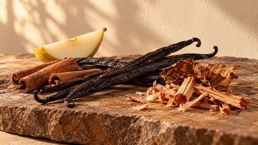 Vanilla pods with tobacco leaves, cinnamon, pear and wood illustrating vanilla perfume styles for men