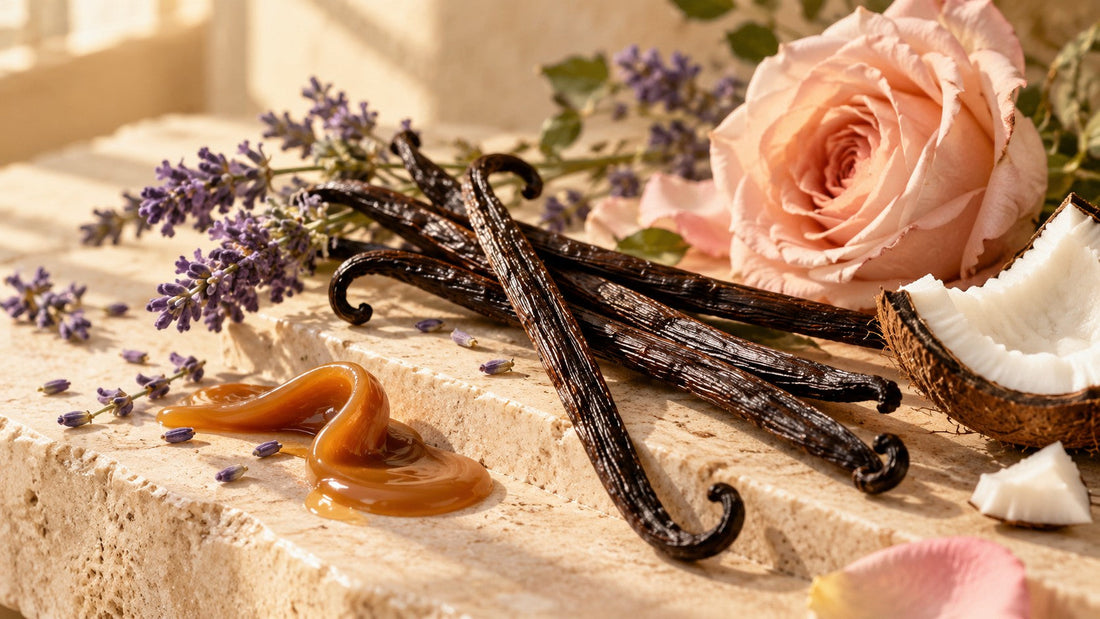 Vanilla pods with lavender, rose, caramel and coconut illustrating different vanilla perfume styles
