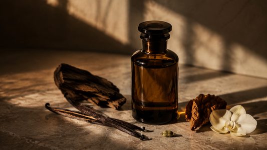 Amber perfume bottle with vanilla pod, dark wood, tobacco, orchid and cardamom