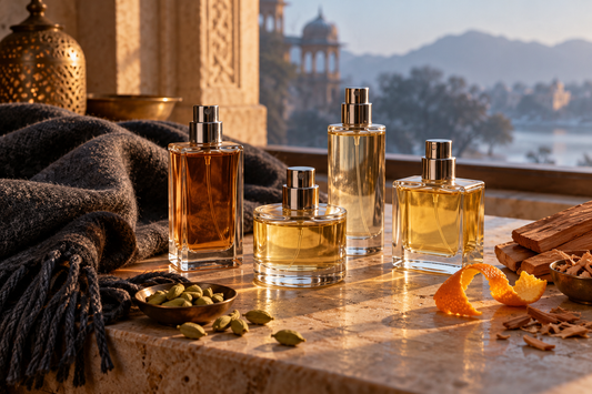 Editorial illustration of amber perfume bottles, winter knitwear, cardamom and woods beside an Indian winter landscape; conceptual packaging.