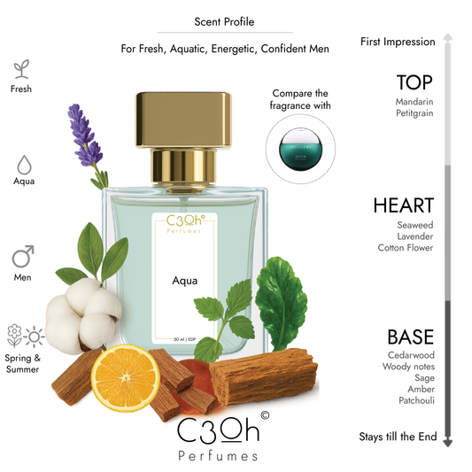 C3oh Aqva Perfume Spray for Men | Fresh Aqua woody Fragrance | 50 ml 100 ml Mens Eau De Perfume Spray | Luxury Gift for Him | Perfume for Fresh Aquatic Energetic Confident Men