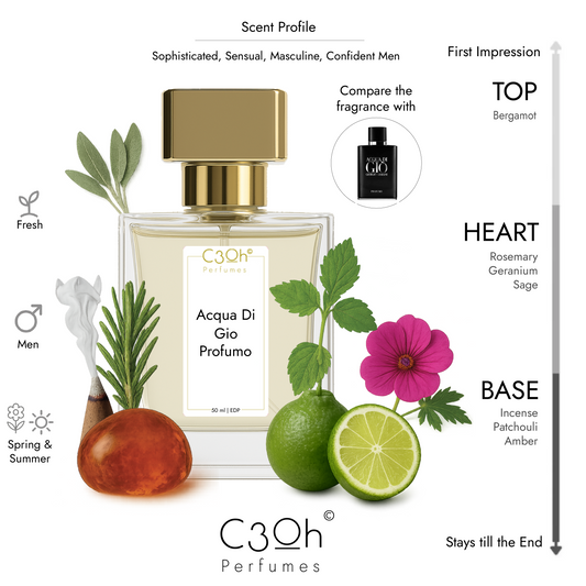 C3oh Acqua DI Gio Profumo Perfume for Men | Fresh Aromatic Marine Fresh Spicy Amber Woody Fragrance | 50 ml & 100 ml Men's Eau De Perfume Spray | Luxury Gift for Him | Perfume for Sophisticated, Sensual, Masculine, Confident Men