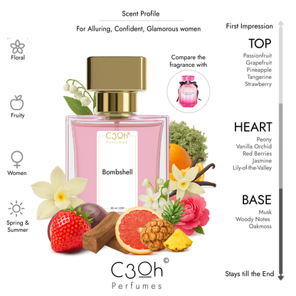 C3oh Bombshell Perfume Spray for Women | Floral Fruity Sweet Fragrance | 50 ml & 100 ml Women's Eau De Perfume Spray | Luxury Gift for Her | Perfume for Alluring Confident Glamorous Seductive Women