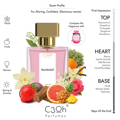 C3oh Bombshell Perfume Spray for Women | Floral Fruity Sweet Fragrance | 50 ml & 100 ml Women's Eau De Perfume Spray | Luxury Gift for Her | Perfume for Alluring Confident Glamorous Seductive Women