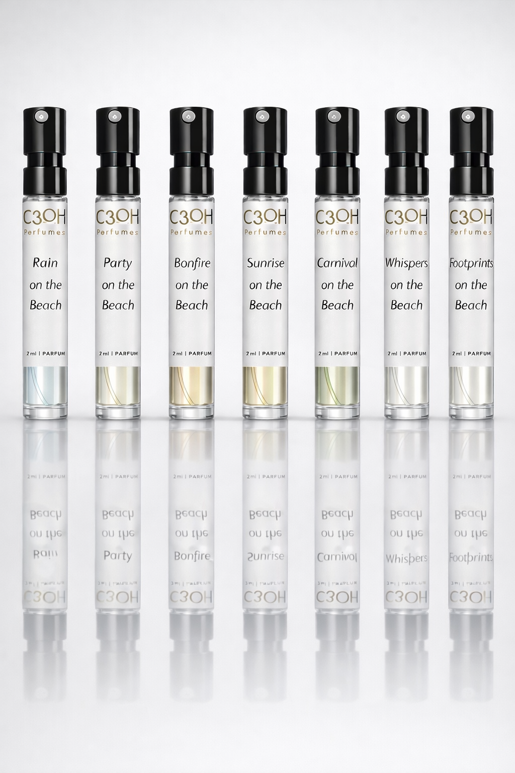 C3oh On the Beach perfume discovery set with 7 beach-inspired fragrances in 2ml spray bottles