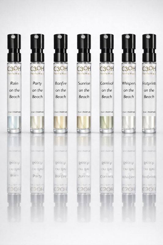 C3oh On the Beach perfume discovery set with 7 beach-inspired fragrances in 2ml spray bottles