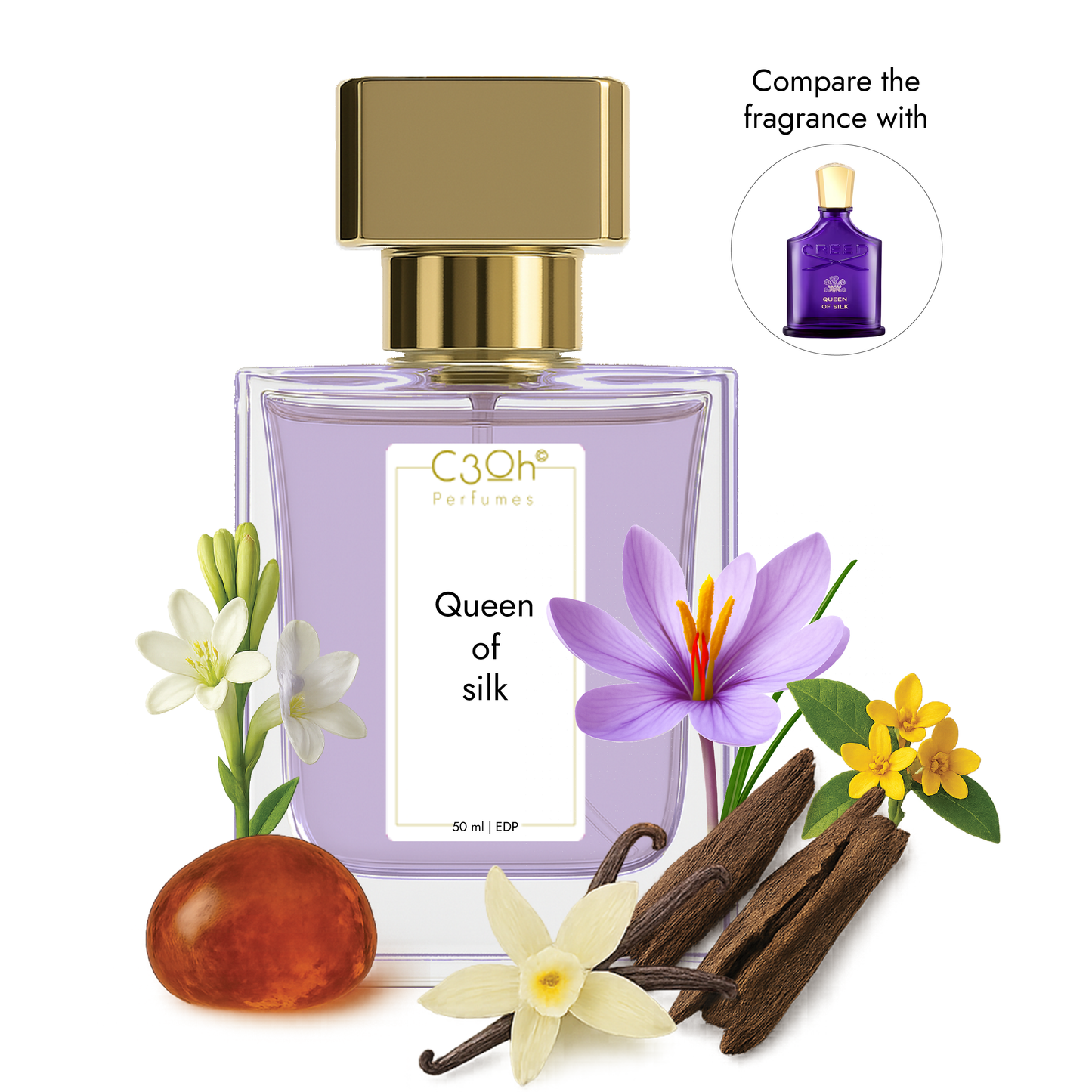 C3oh Queen of silk Perfume Spray for Women | Floral Ambery Fragrance | 50 ml & 100 ml Women's Eau De Perfume Spray | Luxury Gift for Her | Perfume for Elegant Expressive Romantic Sophisticated Women