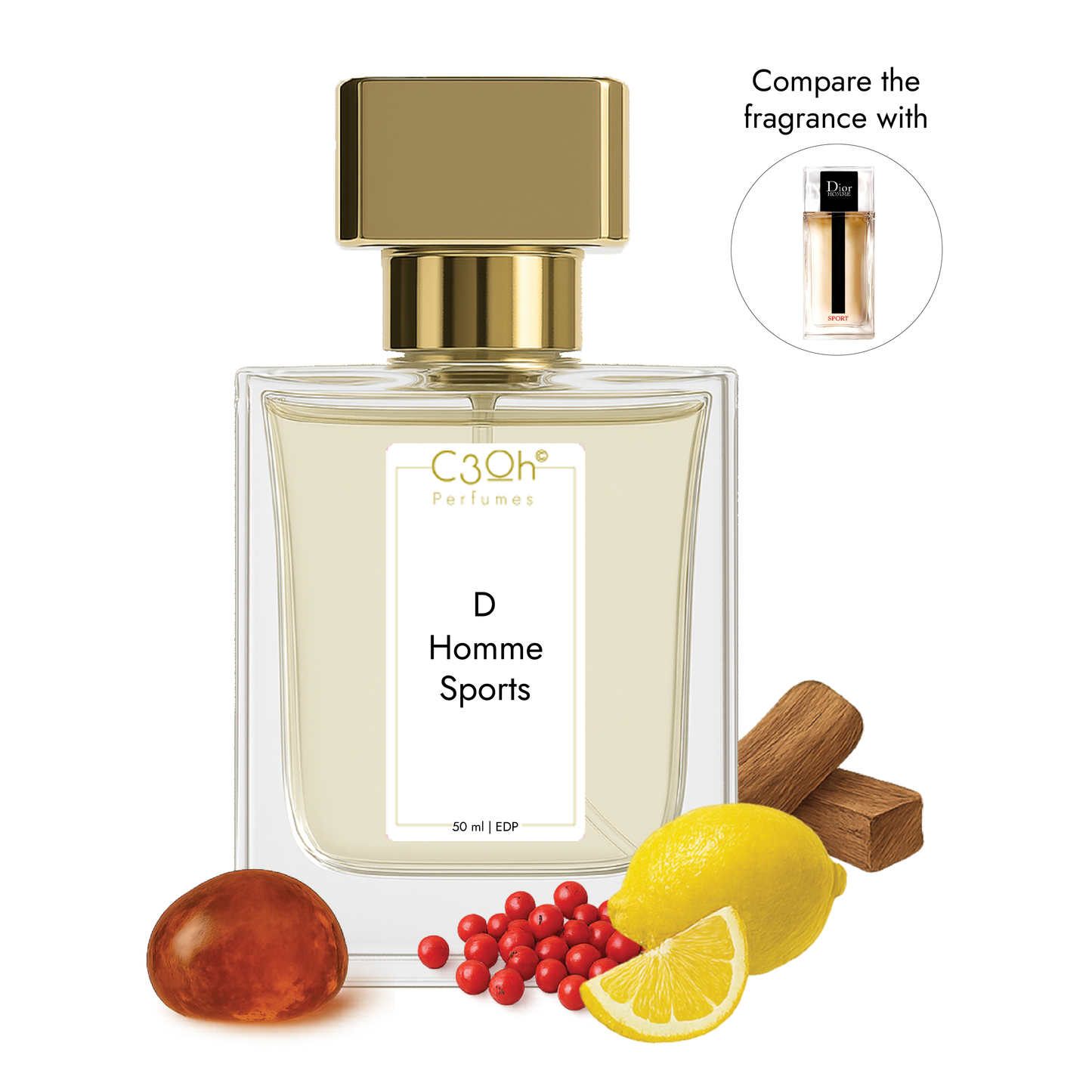 C3oh D Homme Sports Perfume Spray for Men | Fresh Spicy Woody Fragrance | 50 ml & 100 ml Men's Eau De Perfume Spray | Luxury Gift for Him | Perfume for Fresh Energetic Confident Dynamic Men