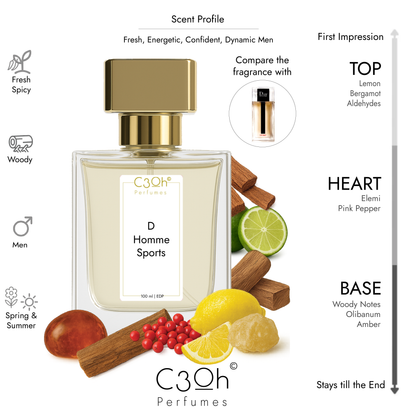 C3oh D Homme Sports Perfume Spray for Men | Fresh Spicy Woody Fragrance | 50 ml & 100 ml Men's Eau De Perfume Spray | Luxury Gift for Him | Perfume for Fresh Energetic Confident Dynamic Men