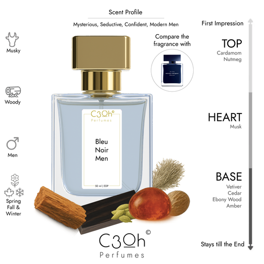 C3oh Bleu Noir Men | Men's Perfume | Musky Powdery Woody Fragrance | 50 ml & 100 ml