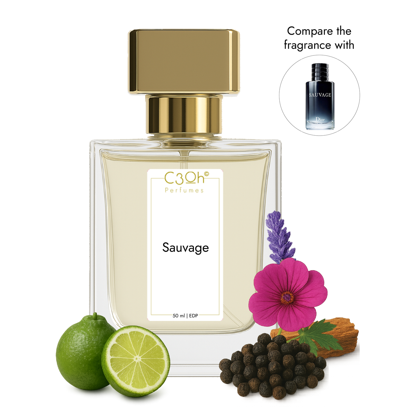 C3oh Sauvage | Perfume Spray for Men | Citrus Woody Fragrance | 50 ml & 100 ml Men's Eau De Perfume Spray | Luxury Gift for Him | Perfume for Bold Adventurous Confident Masculine Men