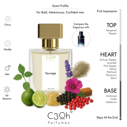 C3oh Sauvage | Perfume Spray for Men | Citrus Woody Fragrance | 50 ml & 100 ml Men's Eau De Perfume Spray | Luxury Gift for Him | Perfume for Bold Adventurous Confident Masculine Men