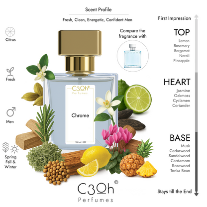 C3oh Chrome Perfume Spray for Men | Citrus Fresh Fragrance | 50 ml & 100 ml Men's Eau De Perfume Spray | Luxury Gift for Him | Perfume for Fresh Clean Energetic Confident Men