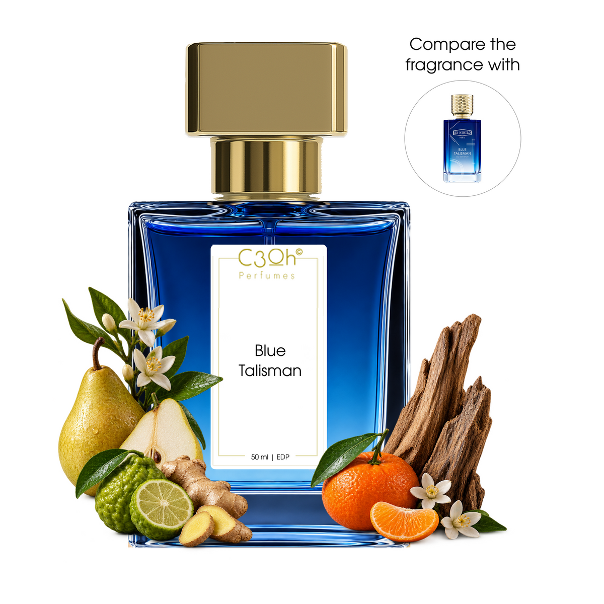 C3oh Blue Talisman blue perfume bottle with pear, bergamot, ginger, mandarin, orange blossom and woods on a white background; compare the fragrance with Ex Nihilo Blue Talisman.