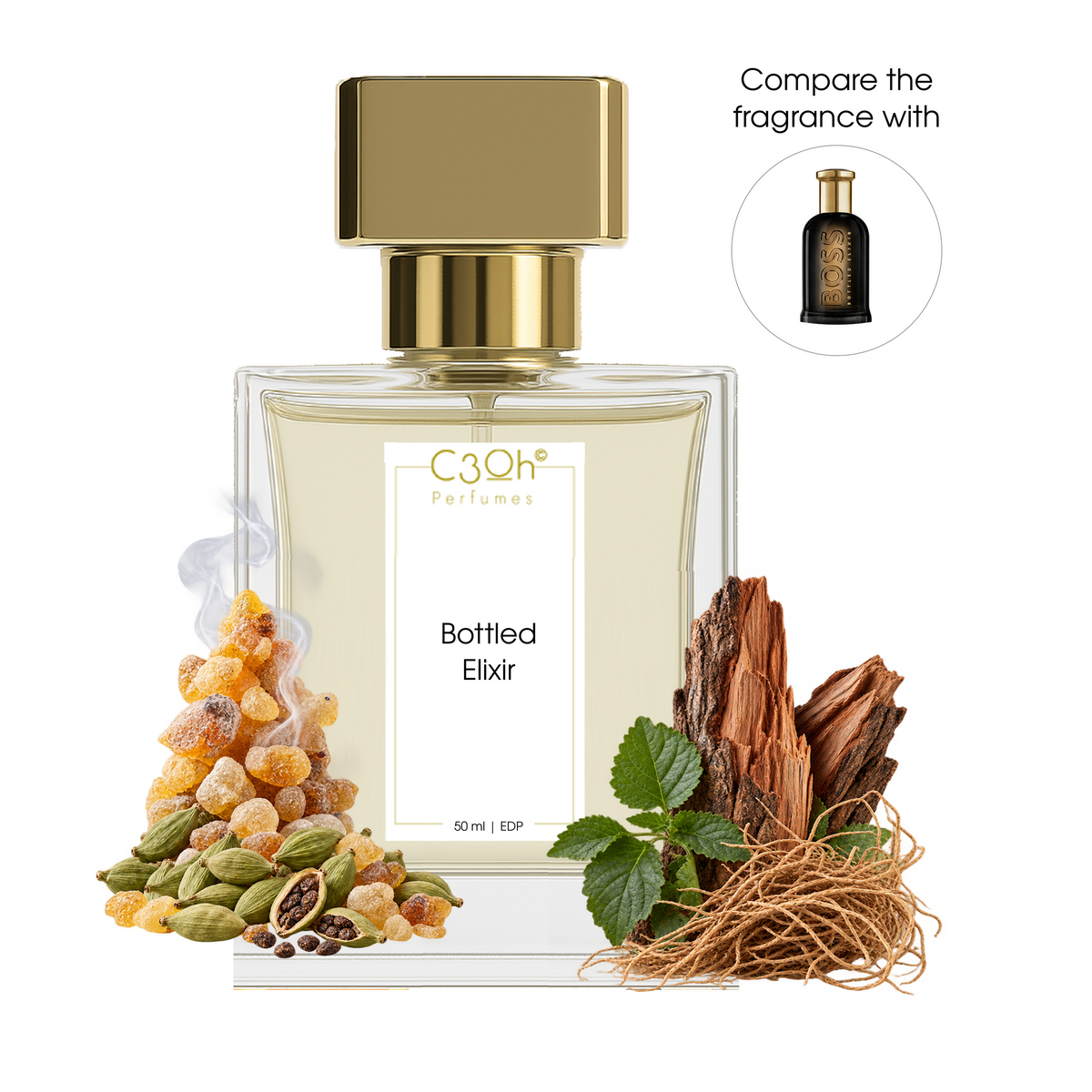 C3oh Bottled Elixir perfume with incense, cardamom and woods inspired by Hugo Boss Bottled Elixir