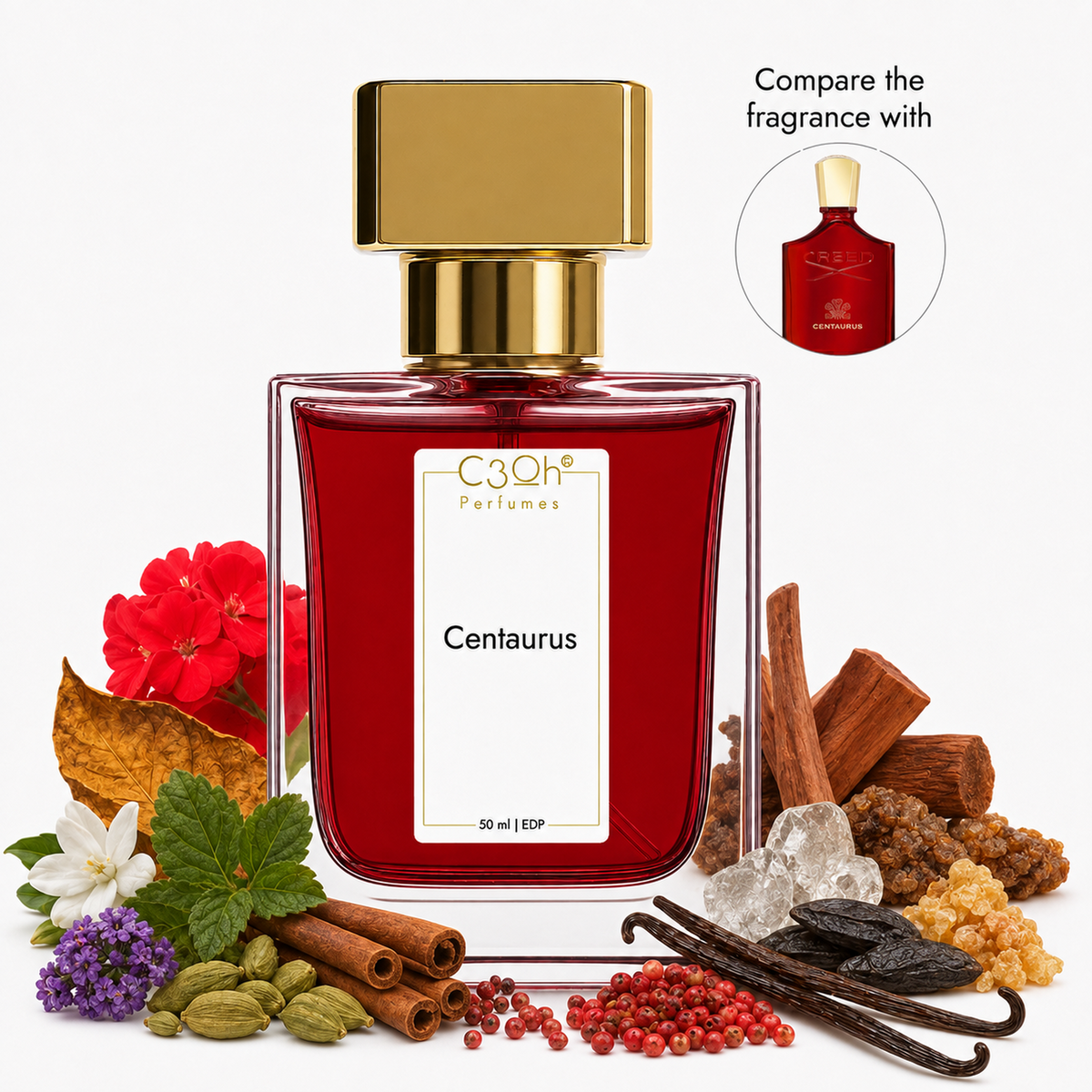 C3oh Centaurus perfume inspired by Creed Centaurus – red bottle hero image