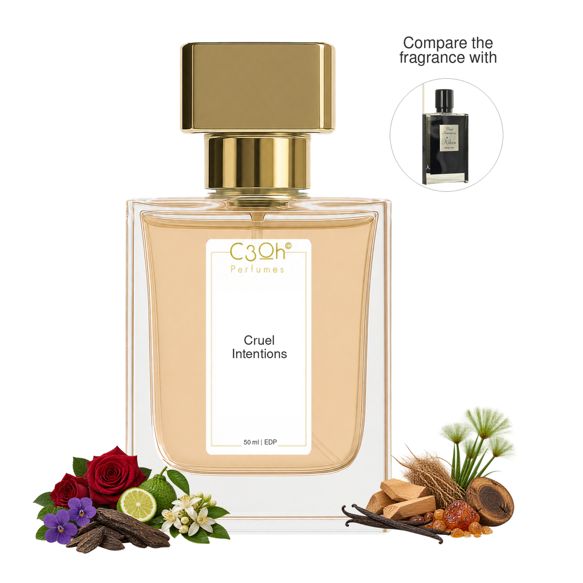 C3oh Cruel Intentions perfume hero with Libre-yellow liquid and foreground fragrance ingredients