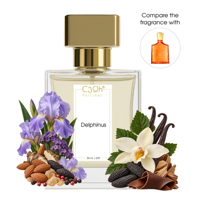 C3oh Delphinus woody amber perfume for men and women with almond, incense, orris, vanilla, leather and woods; inspired by Creed Delphinus