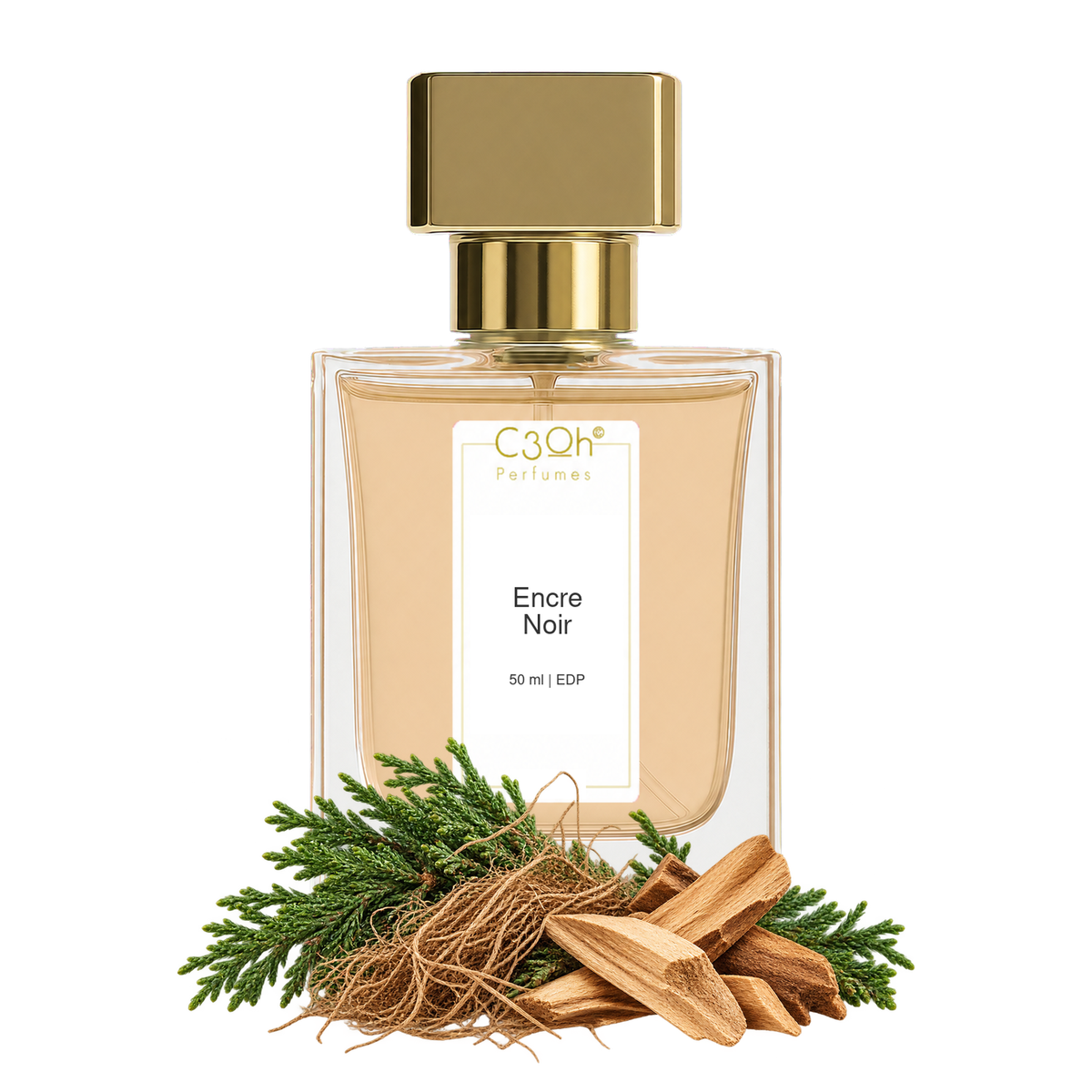 C3oh Encre Noir perfume with cypress, vetiver roots and woods on white
