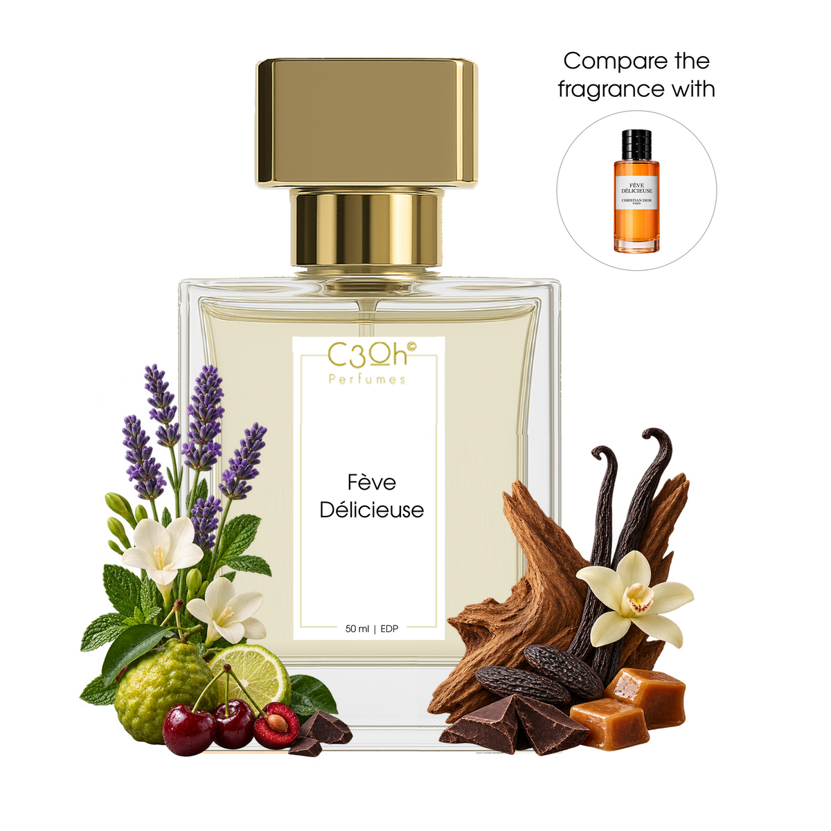 C3oh Fève Délicieuse golden perfume bottle with lavender, mint, bergamot, cherries, tonka bean, vanilla and cacao in the foreground; compare the fragrance with Dior Fève Délicieuse.
