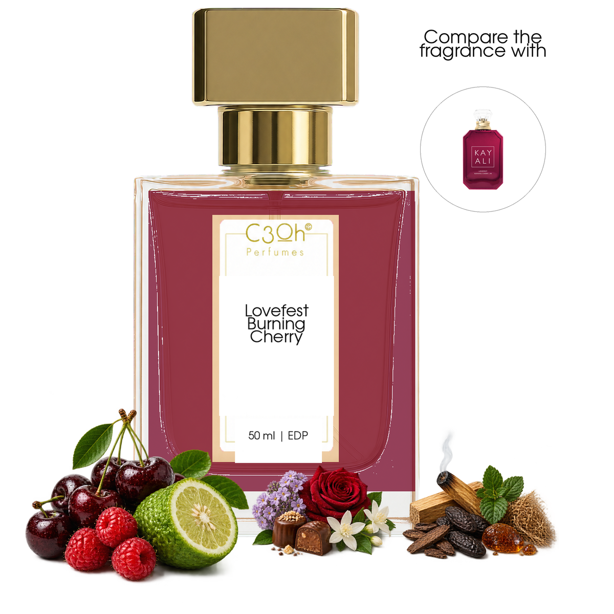 C3oh Lovefest Burning Cherry perfume bottle and scent ingredients