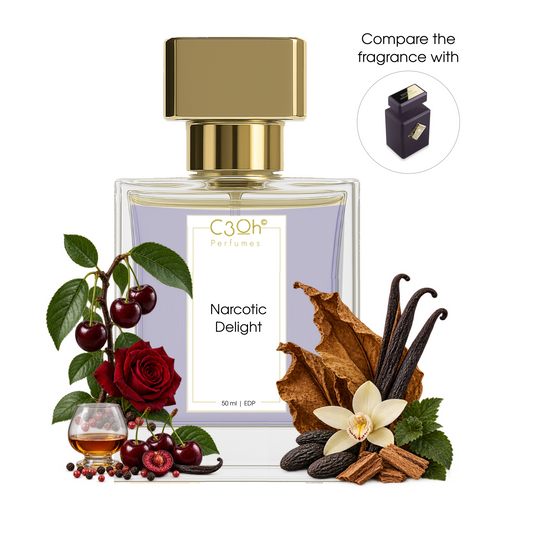 C3oh Narcotic Delight perfume inspired by Initio Narcotic Delight, purple bottle with cherry, cognac and warm ingredients