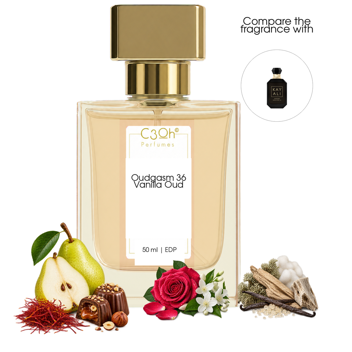 C3oh Oudgasm 36 Vanilla Oud perfume bottle and scent ingredients