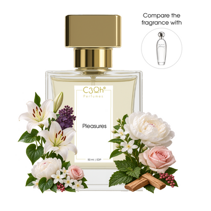 C3oh Pleasures women's sheer floral perfume with white lily, peony, rose, jasmine, sandalwood and patchouli; compare the fragrance with Estée Lauder Pleasures