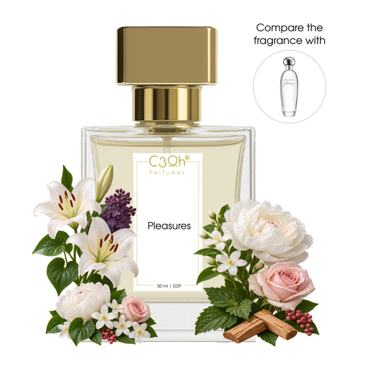 C3oh Pleasures women's sheer floral perfume with white lily, peony, rose, jasmine, sandalwood and patchouli; compare the fragrance with Estée Lauder Pleasures