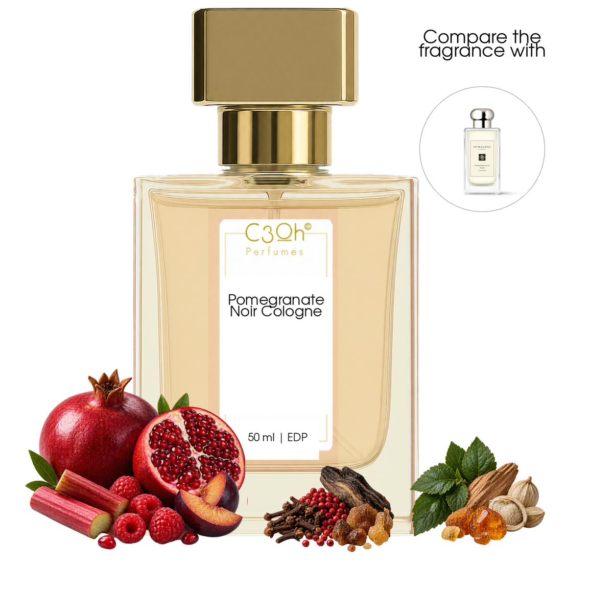 C3oh Pomegranate Noir Cologne perfume bottle with pomegranate, rhubarb, clove, woods and amber
