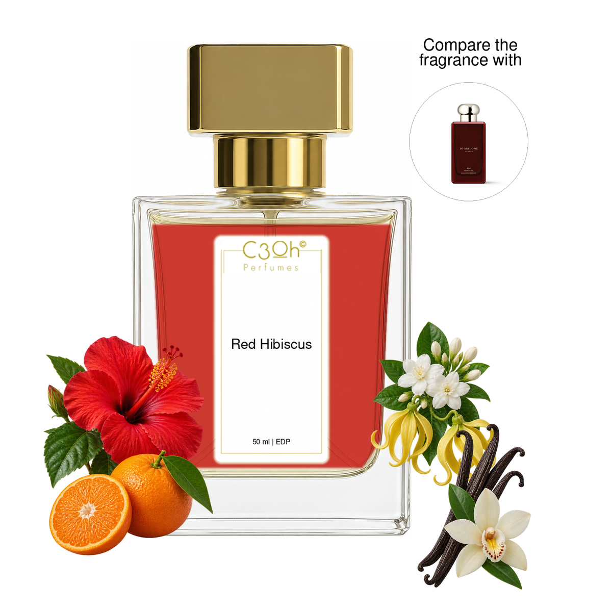 C3oh Red Hibiscus perfume with hibiscus, mandarin, jasmine, ylang-ylang and vanilla – inspired by Jo Malone Red Hibiscus