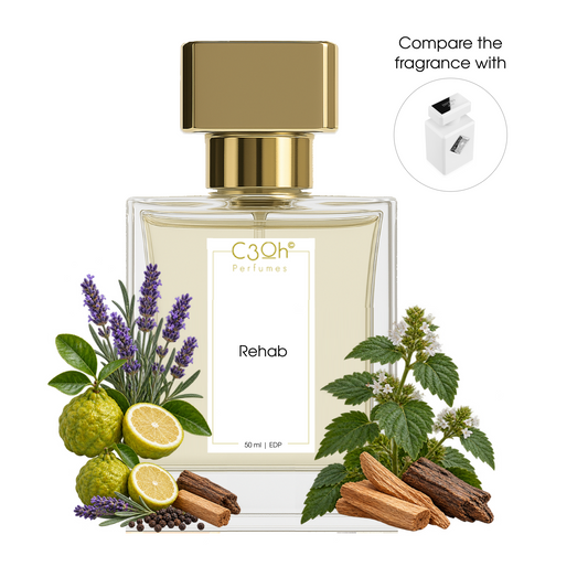 C3oh Rehab woody spicy unisex perfume with bergamot, black pepper, lavender and woods; inspired by Initio Rehab